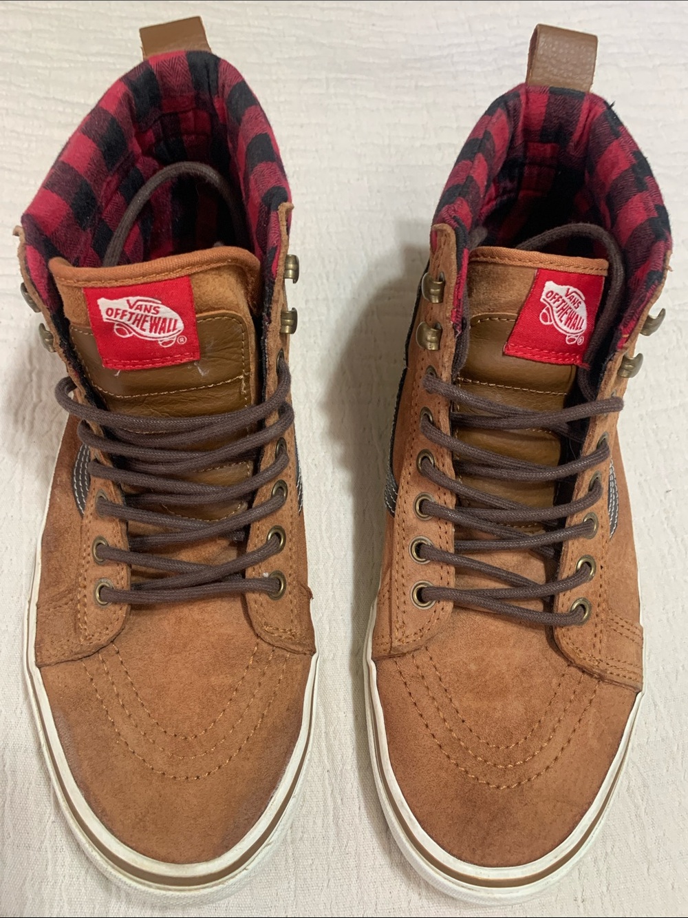 Vans Brown Suede High-Top Sneakers with Red Plaid Lining